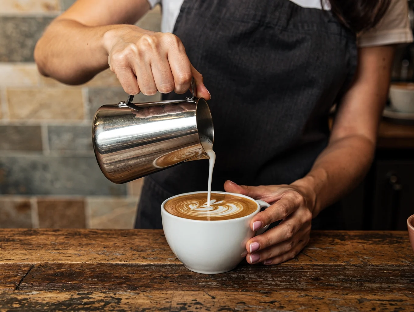 Pouring latte art into a ceramic cup