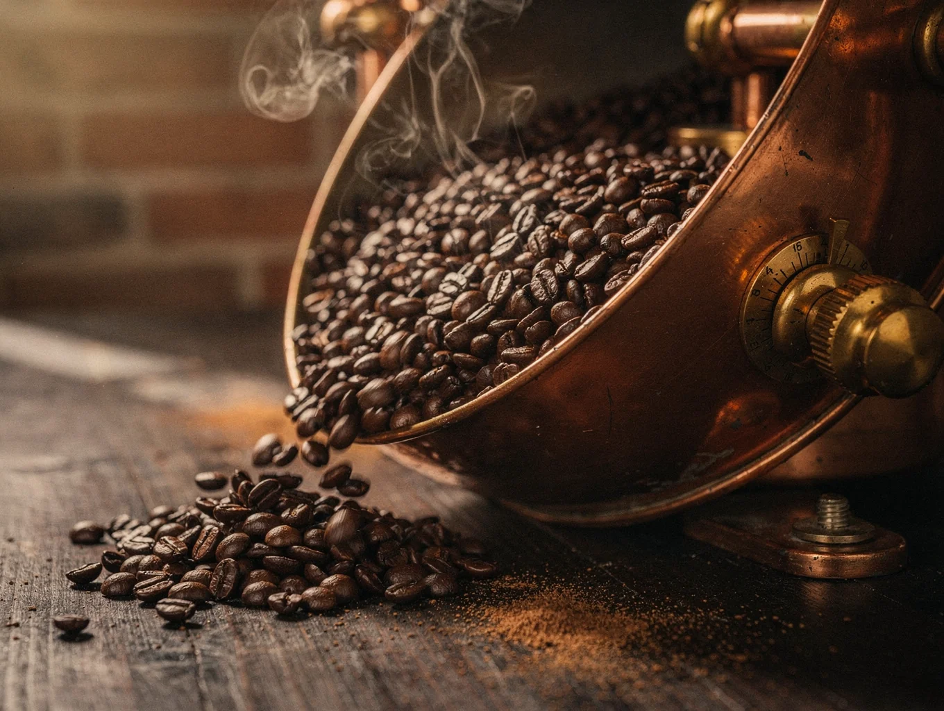 Coffee beans roasting in a vintage drum roaster
